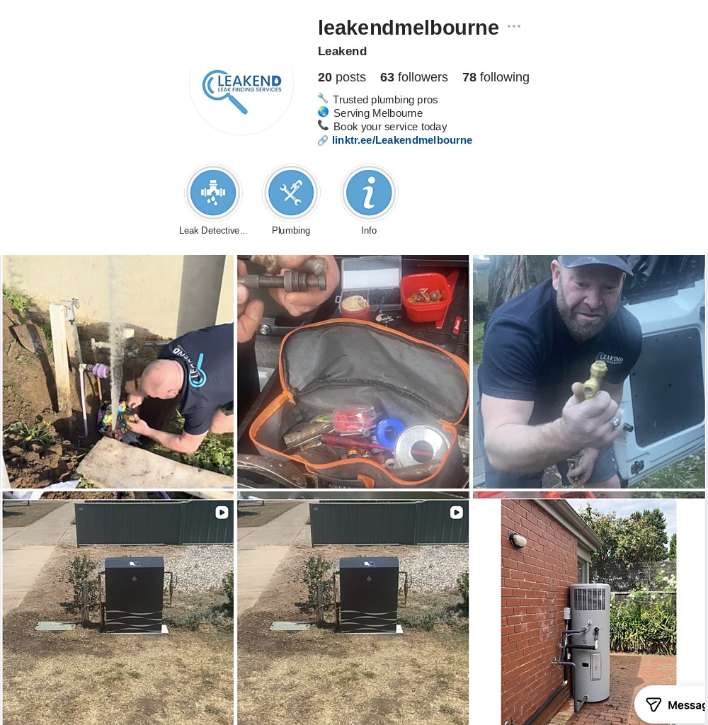 Leakend Melbourne Instagram profile after optimisation — branded logo, bio, highlight covers and a full grid of real jobs