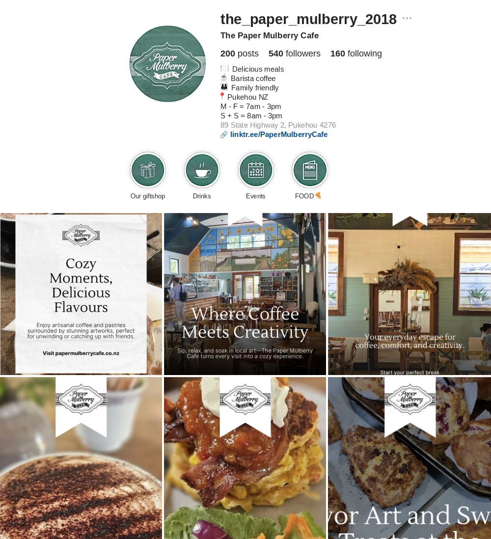 The Paper Mulberry Cafe Instagram profile after optimisation — branded bio, icon highlight covers, styled promotional grid
