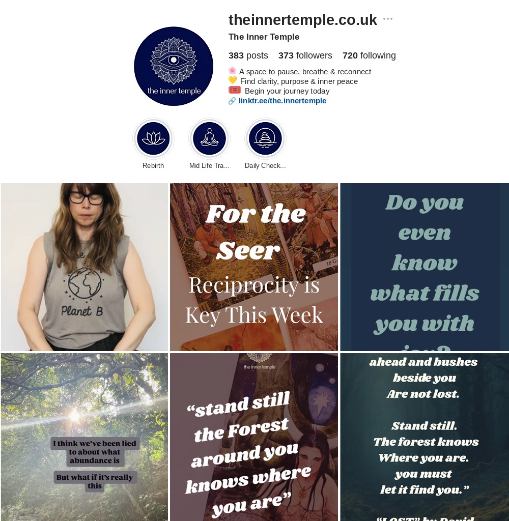 The Inner Temple Instagram profile after optimisation — punchy bio with emoji, link, and three highlight covers