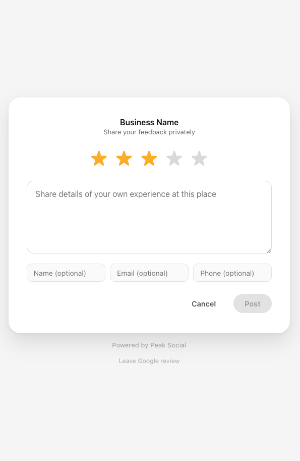 Customer guided to a private feedback form