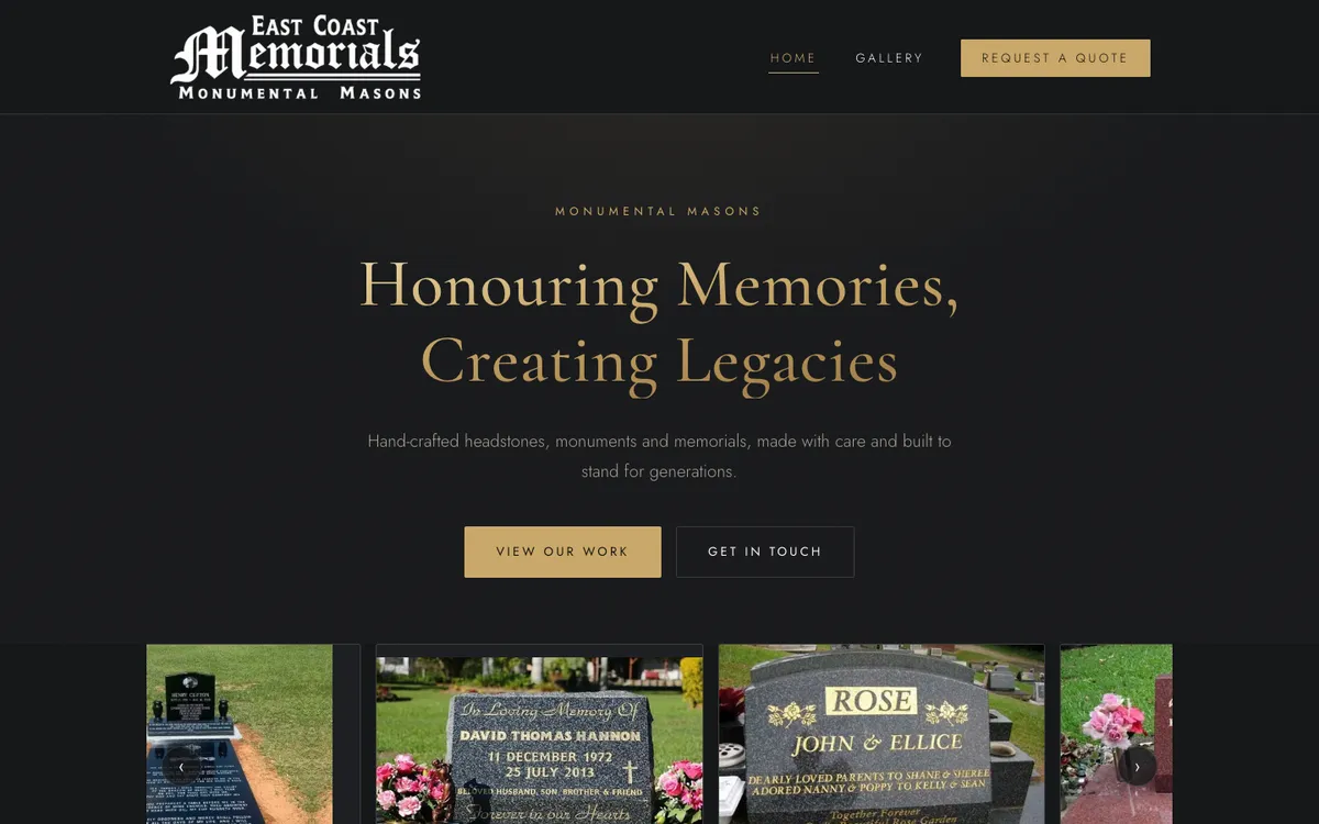 Home page of the East Coast Memorials website