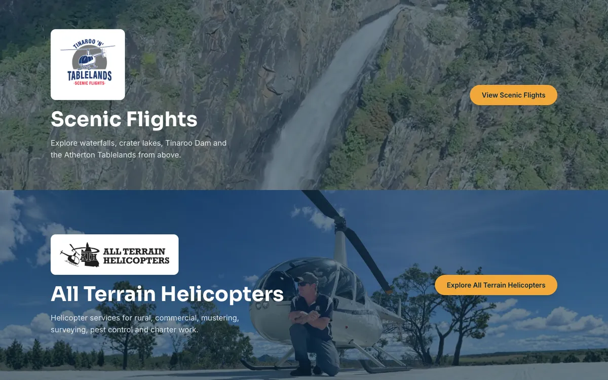 Home page of the Tinaroo N Tablelands Scenic Flights website
